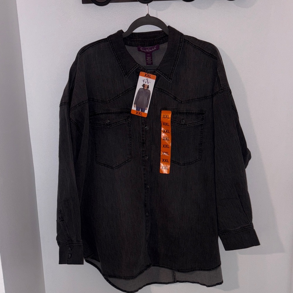Gloria Vanderbilt Black Denim Button-Up long sleeve Shirt XXL nwt